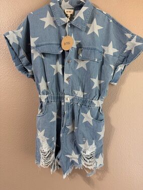 BiBi Blue Star Denim Romper with Distressed Hem